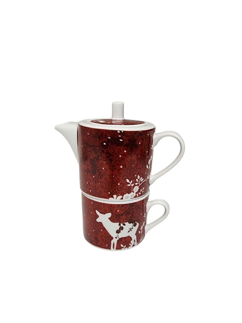 Rosanna Deer & Birds Red Porcelain Stacking Teapot & Teacup for One